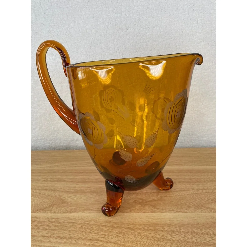 Vintage Amber Glass Pitcher Etched‎ Floral Rose Design 3-Footed Tripod 9.5 Inch